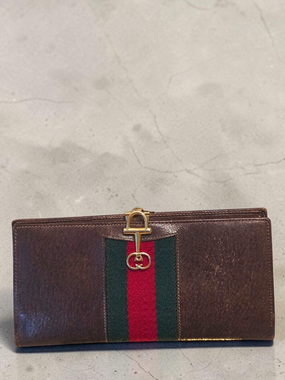Gucci Vintage Brown Leather Web Stripe Continental Wallet Gold Horsebit Italy